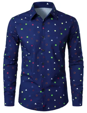 Men's Geometric Print Cotton Button Up Long Sleeve Shirt