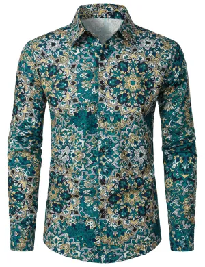 Men's Mandala Print Cotton Button Up Long Sleeve Dress Shirt