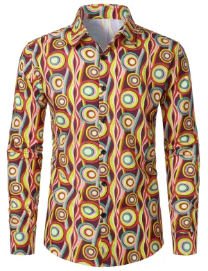 Men's Retro Circle Print Casual Long Sleeve Button Up Shirt
