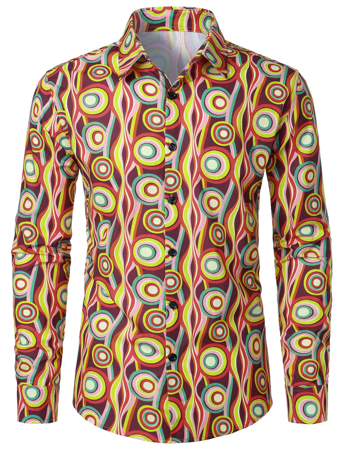 Men's Retro Circle Print Casual Long Sleeve Button Up Shirt
