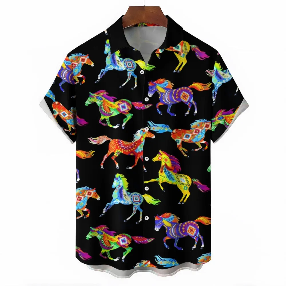 Men's Running Horse Art Print Casual Short Sleeve Shirt 2404000064