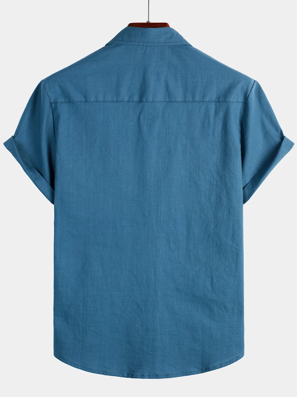 Men's Solid Color Linen Cotton Pocket Casual Button Short Sleeve Shirt