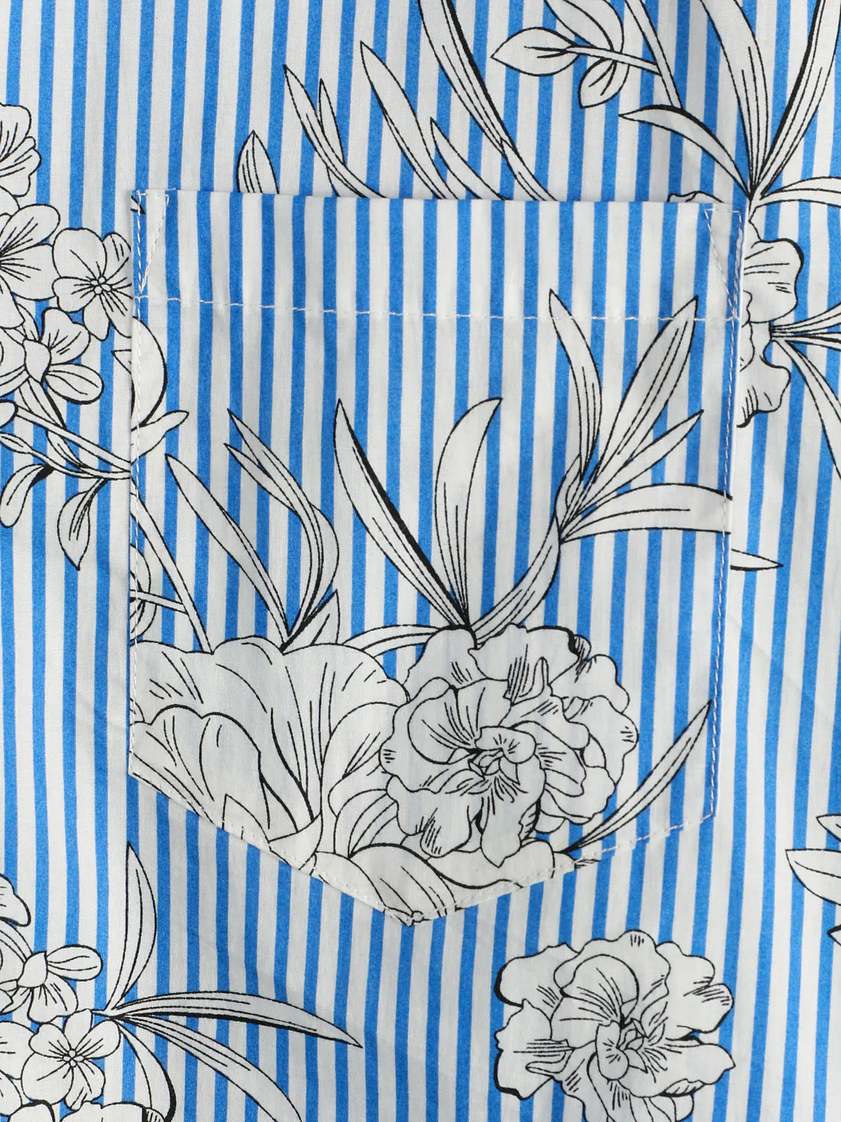 Men's Striped & Floral Print Short Sleeve Hawaiian Pocket Shirt
