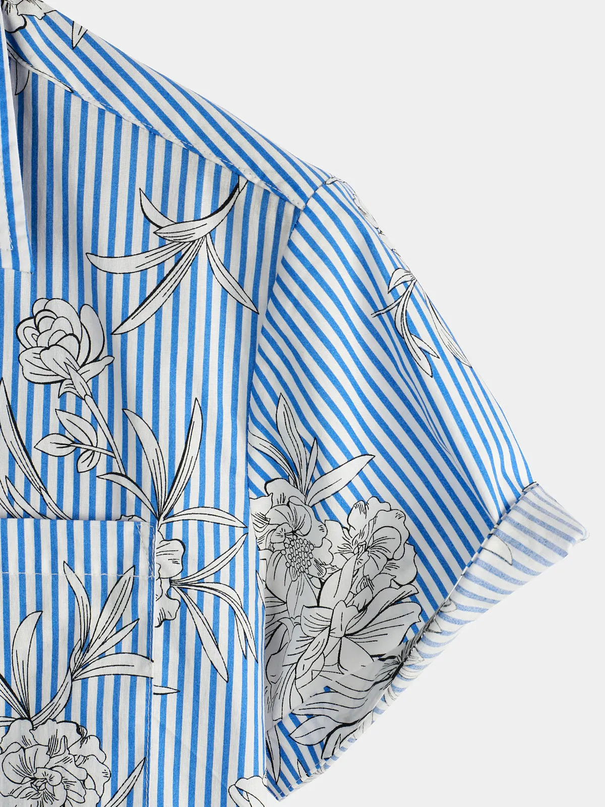 Men's Striped & Floral Print Short Sleeve Hawaiian Pocket Shirt