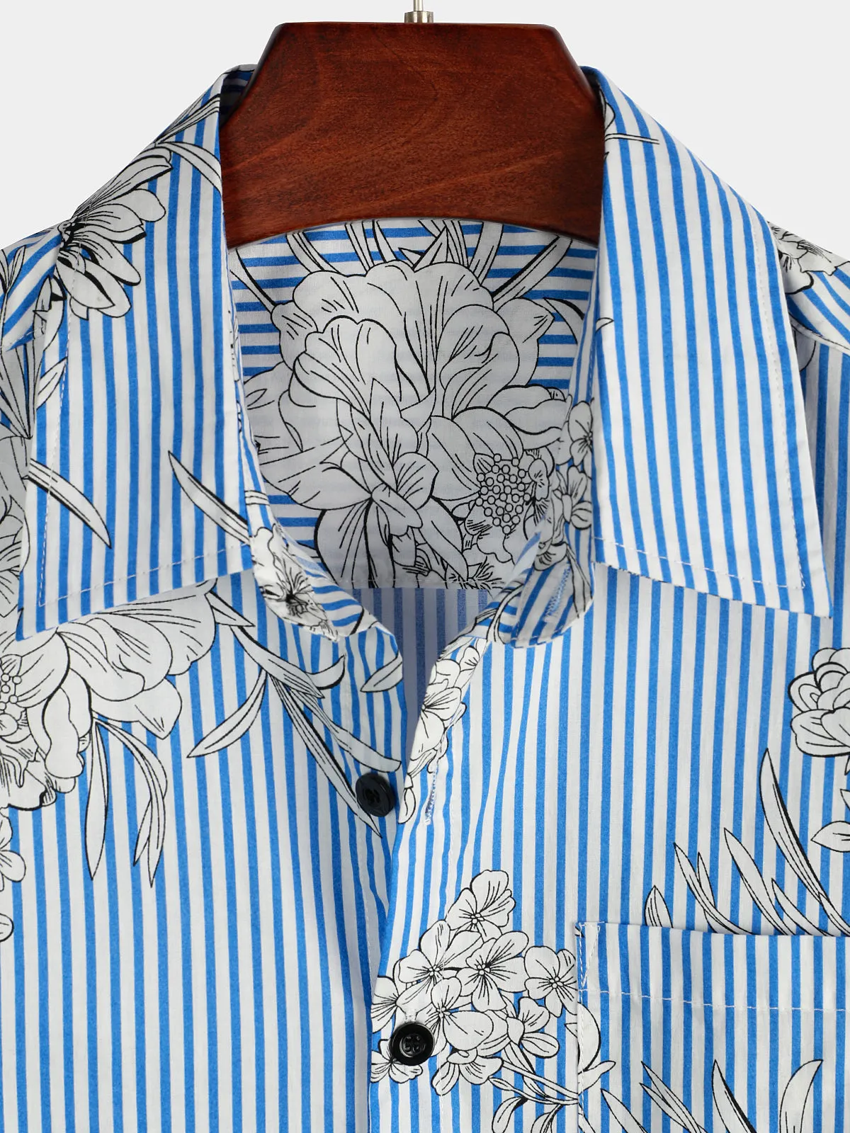 Men's Striped & Floral Print Short Sleeve Hawaiian Pocket Shirt