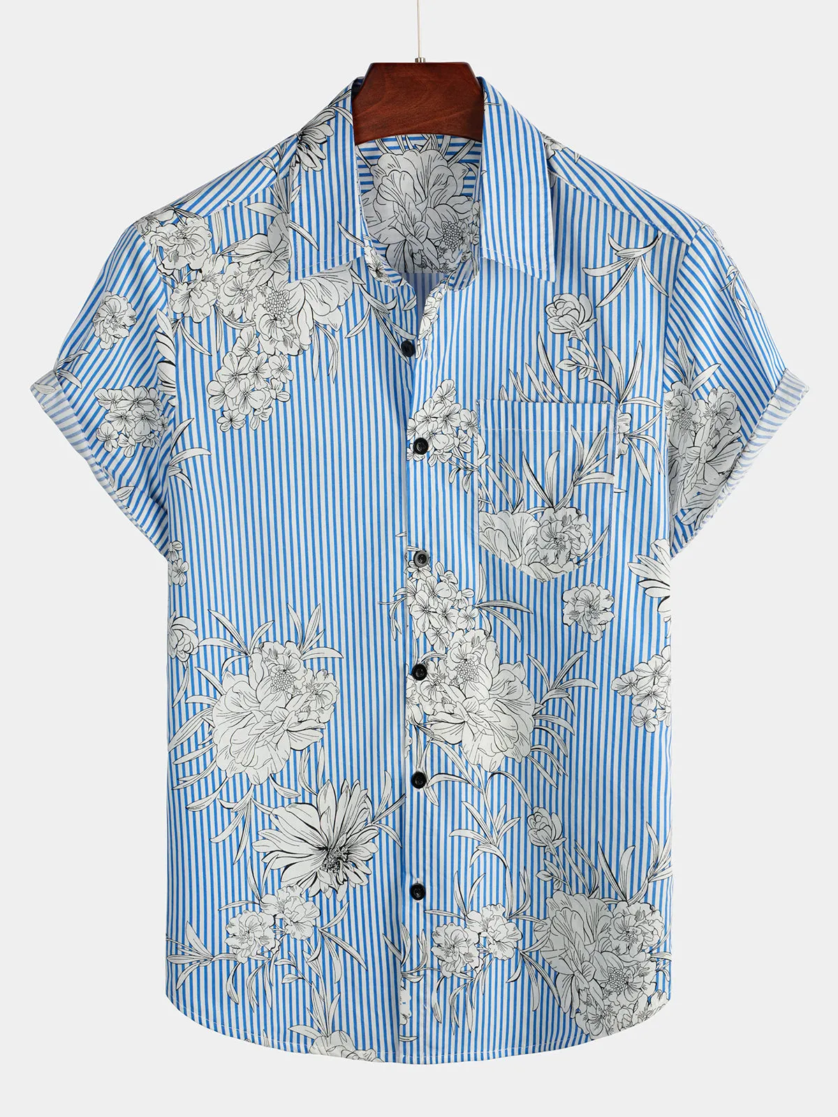 Men's Striped & Floral Print Short Sleeve Hawaiian Pocket Shirt