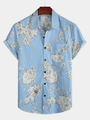 Men's Striped & Floral Print Short Sleeve Hawaiian Pocket Shirt