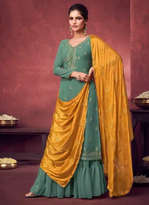 Mint Green and Yellow Embroidered Sharara Style Suit