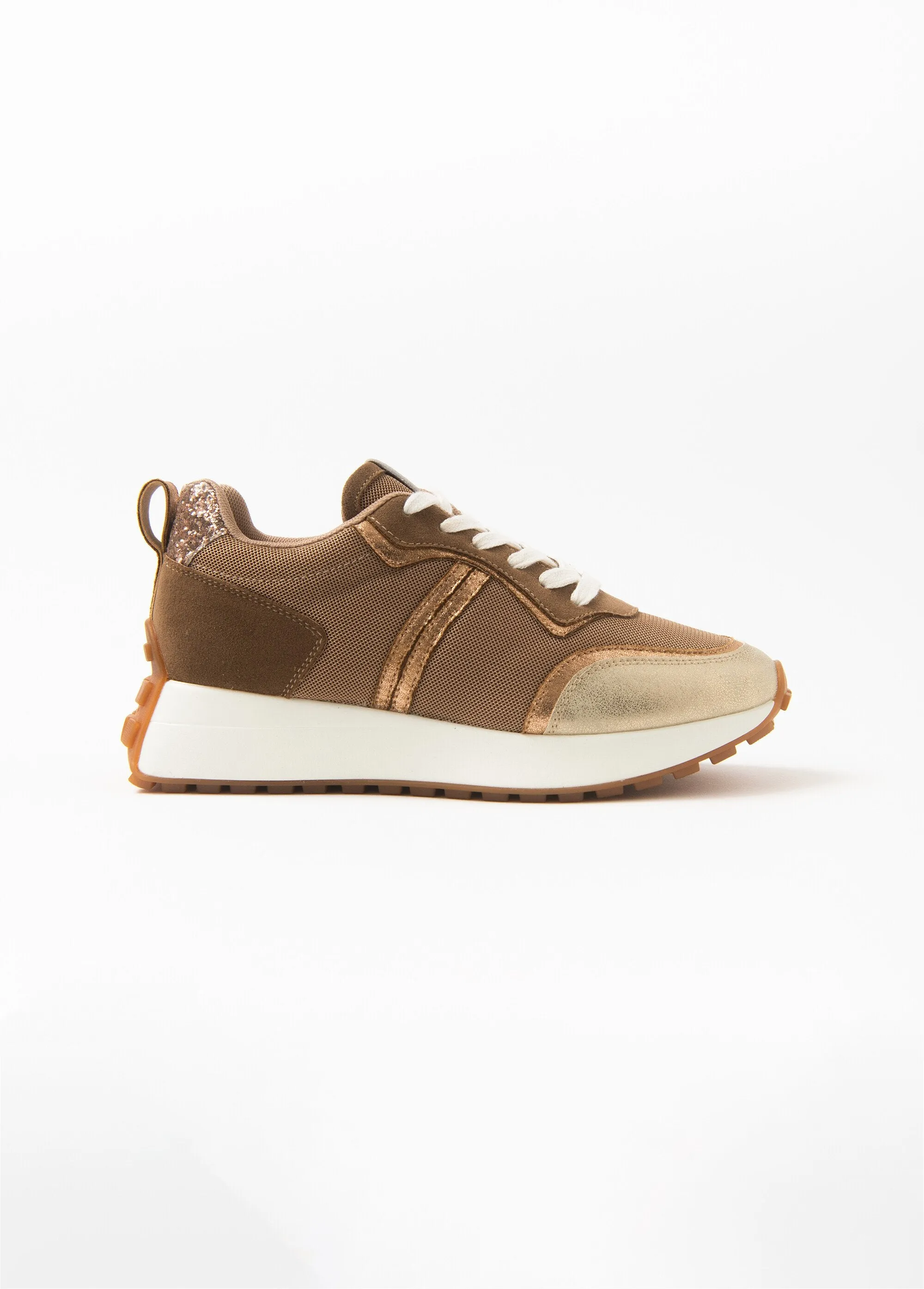 Multi-material gold lace-up sneakers