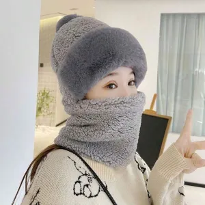 New 1pc Women's Winter Ear Protection Hat, Versatile Casual Cap For Outdoor Sports Biking Skiing, With Plush Neck Gaiter And Face Mask Grey