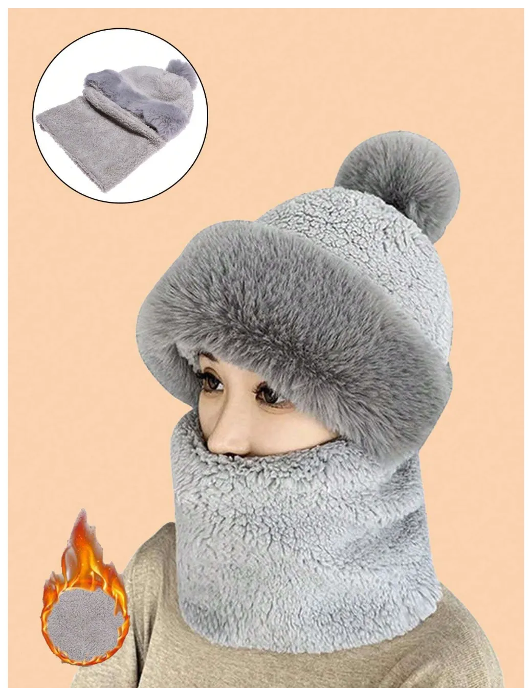 New 1pc Women's Winter Ear Protection Hat, Versatile Casual Cap For Outdoor Sports Biking Skiing, With Plush Neck Gaiter And Face Mask Grey