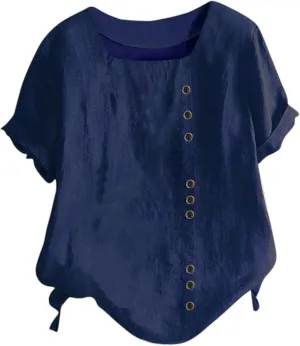 NEW Cotton Linen Tops for Women Summer Short Sleeve Button Shirts Square Neck Casual Tshirt Solid Basic Tee Loose Fit Ladies Tops, Dark Blue, Sz M
