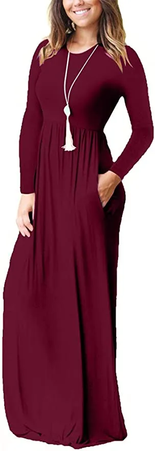 New Osazic Women Short/Long Sleeve Loose Plain Casual Long Maxi Dresses with Pockets in Wine Red, sz L!