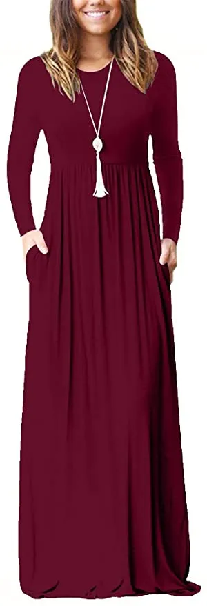 New Osazic Women Short/Long Sleeve Loose Plain Casual Long Maxi Dresses with Pockets in Wine Red, sz L!