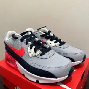 NIB Little Kids' Nike Air Max 90 Casual Shoes LT Smoke Grey/Bright Crimson