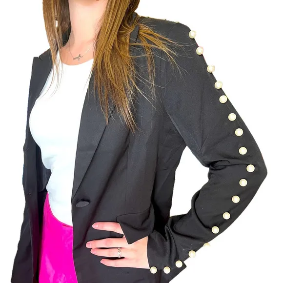 NWT Why Dress Jacket Women Medium Pearls Embellished Edgy Grunge Elegant Studded