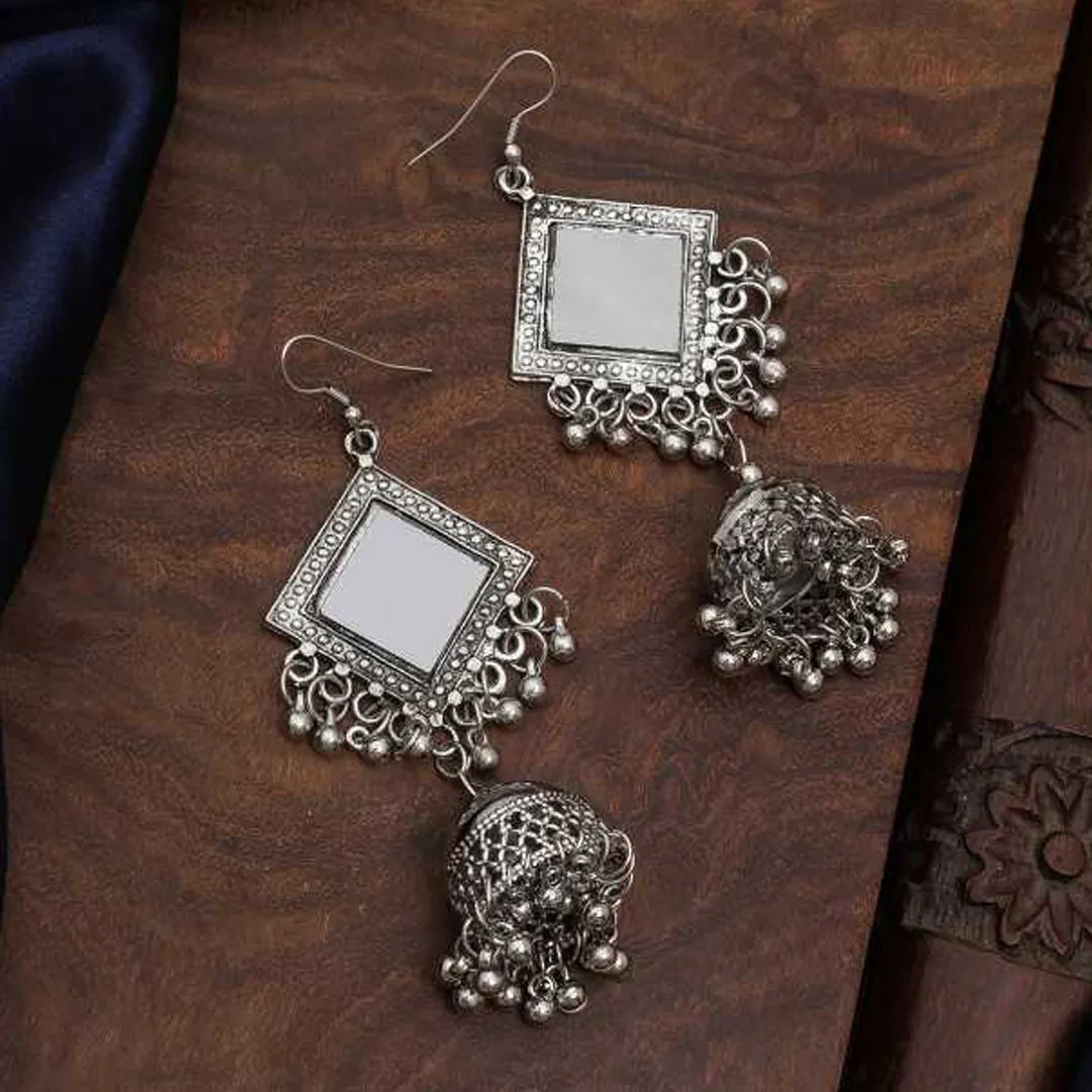 Pack of 2 Oxidized Silver Peacock And Mirror Jhumka