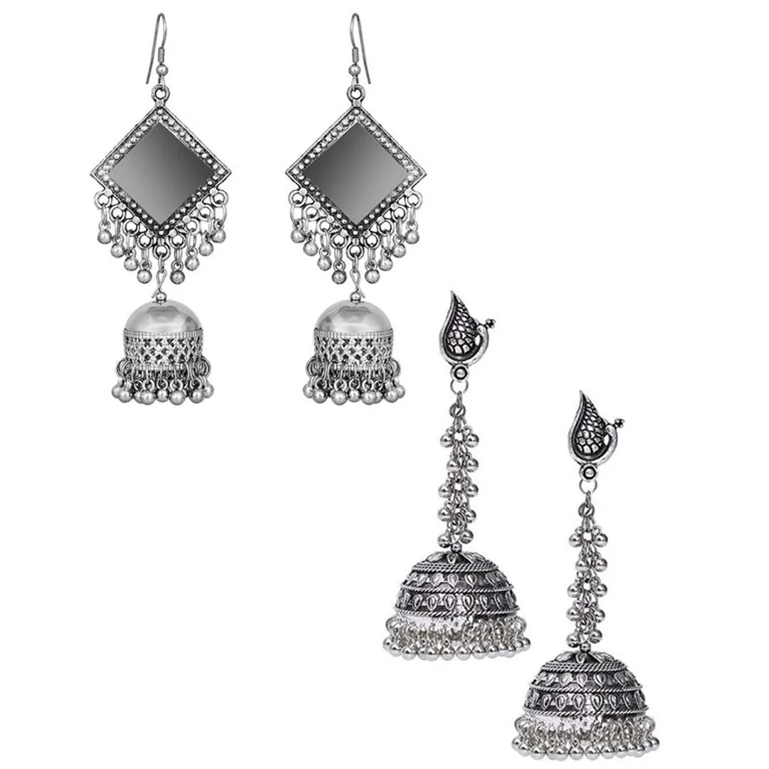 Pack of 2 Oxidized Silver Peacock And Mirror Jhumka