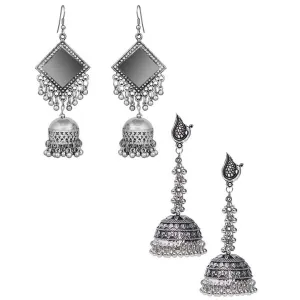 Pack of 2 Oxidized Silver Peacock And Mirror Jhumka