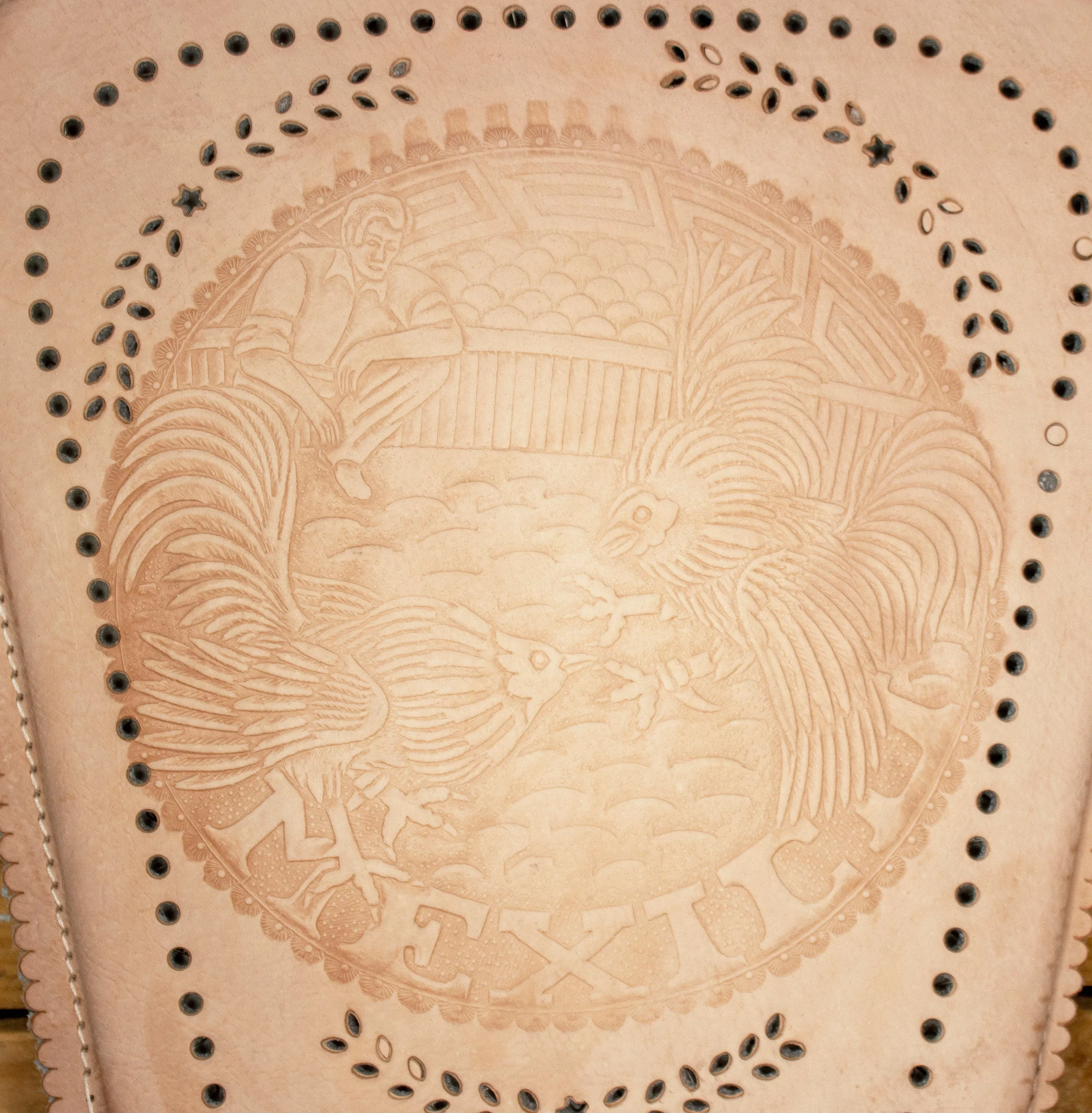 PIGSKIN LEATHER CUSHIONED universal car seat with Rooster Cockfighting gallos stamped design