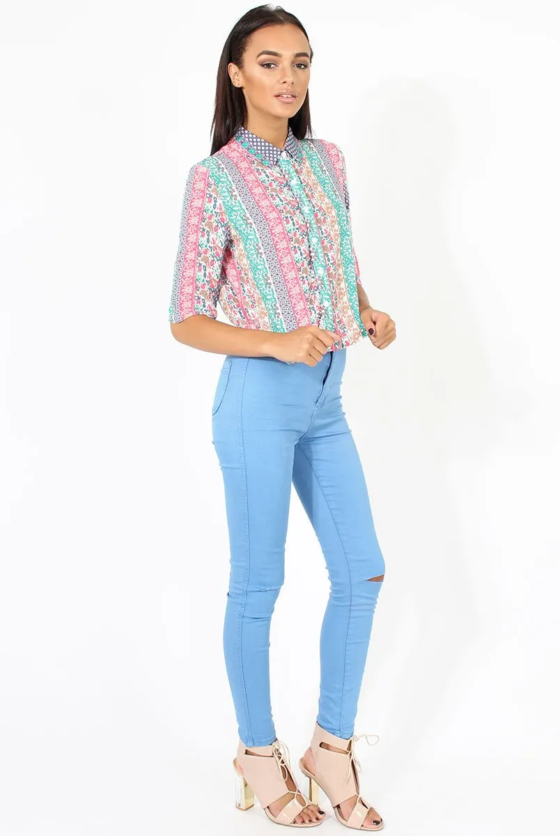 Pink Folk Print Cropped Shirt - Tiff
