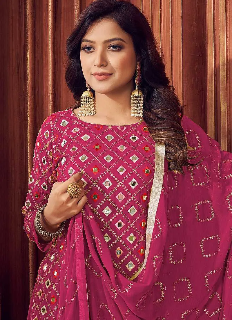 Pink Mirror Embroidered Sharara Style Suit