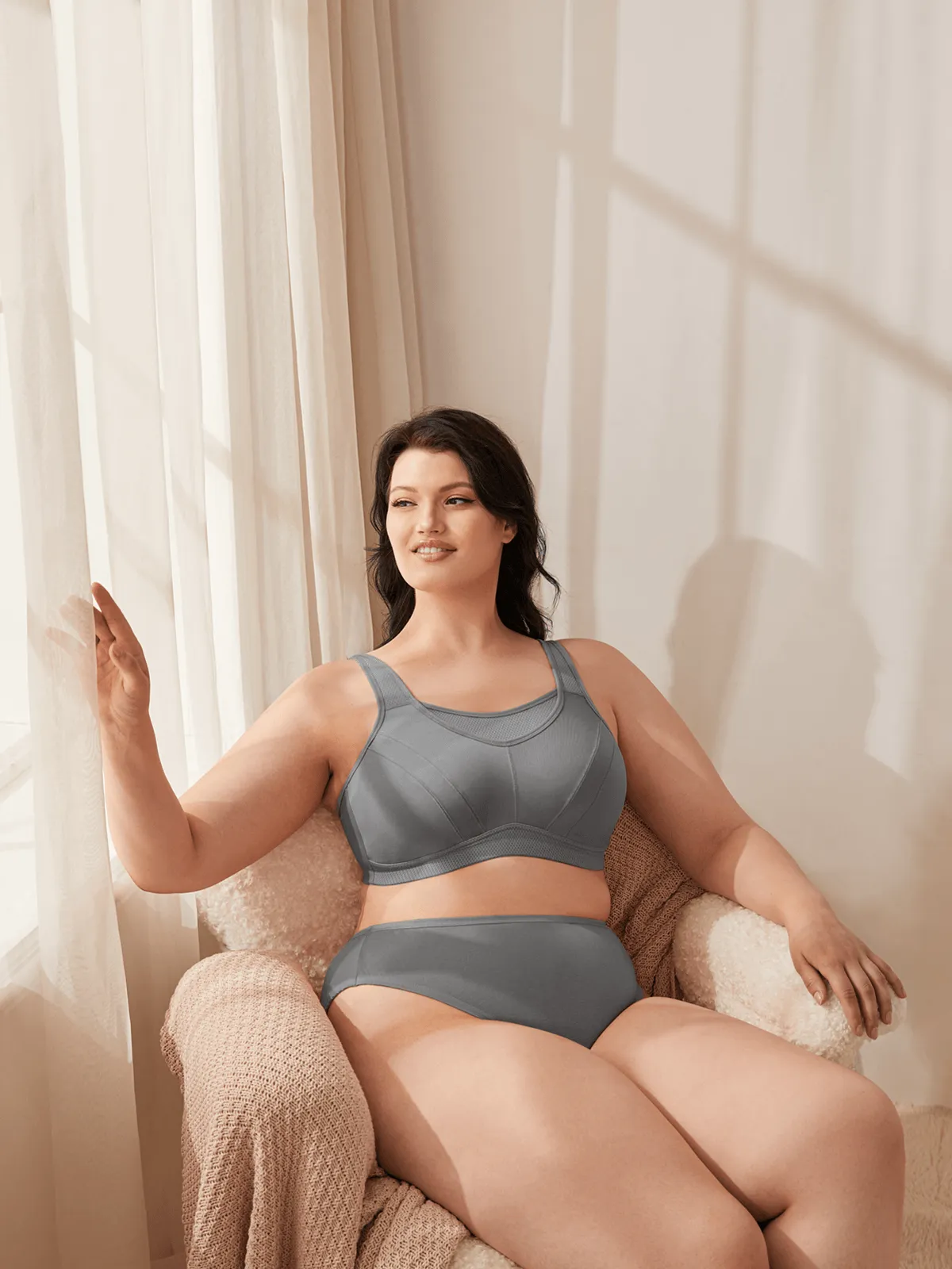 Plus Size Solid wirefree Absorb Breathable Sports Bra Grey