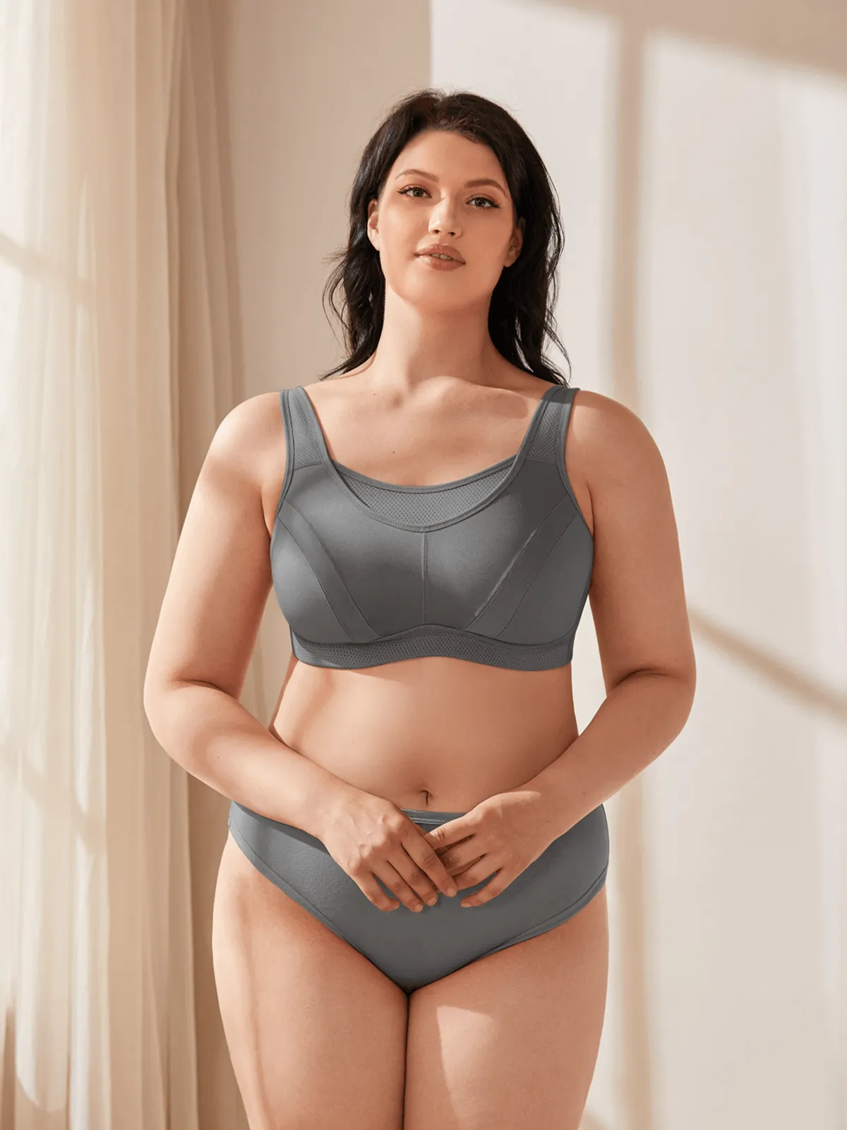 Plus Size Solid wirefree Absorb Breathable Sports Bra Grey