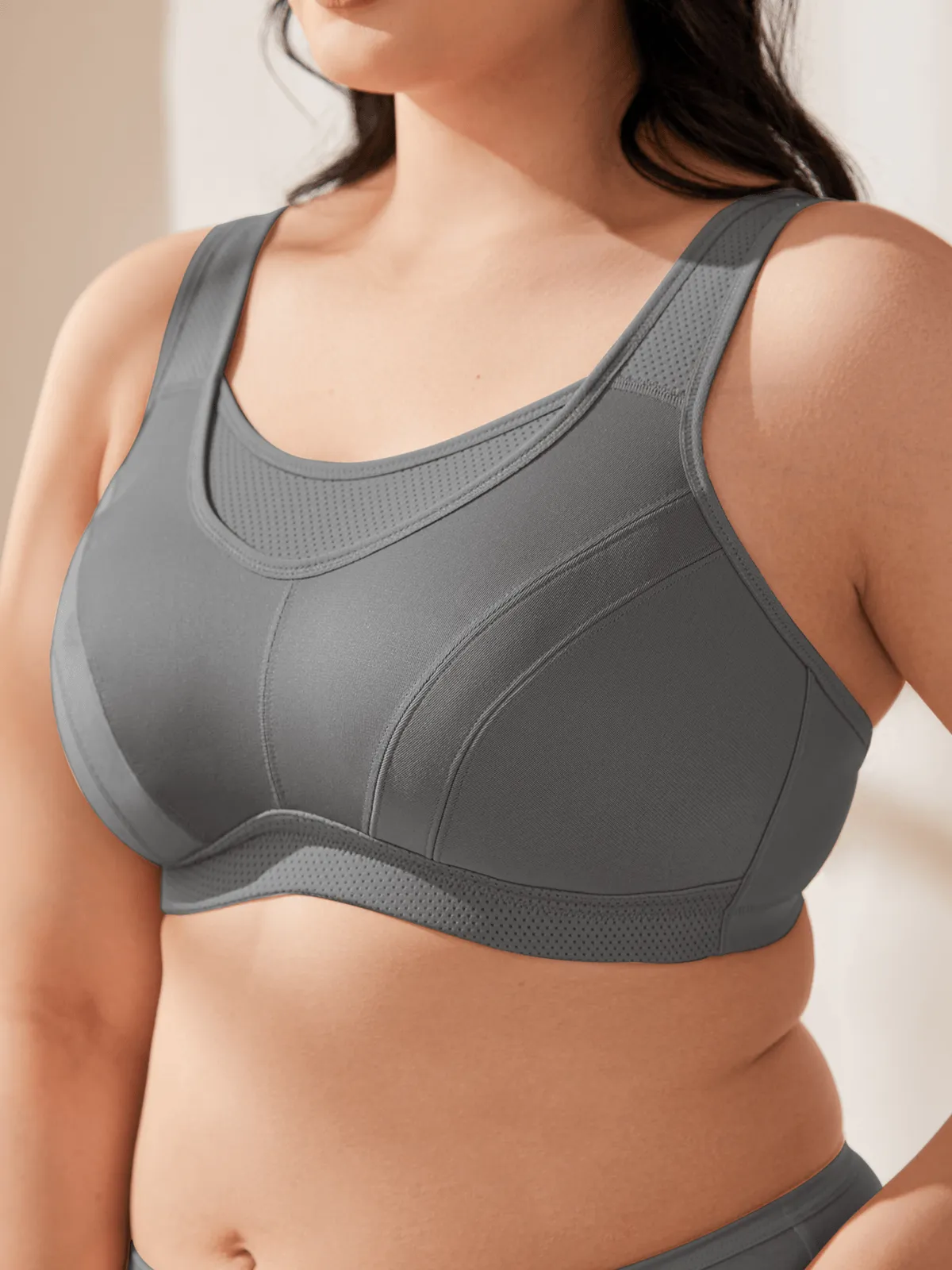 Plus Size Solid wirefree Absorb Breathable Sports Bra Grey
