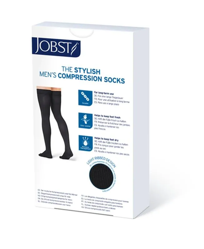 PR/1 JOBST MEDICAL LEG WEAR, MEN, RIBBED, THIGH HIGH W/SIL DOT BAND, 30-40MMHG, XL, BLACK, CLOSED TOE