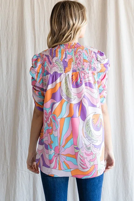 PRINT SMOKED YOKE TOP - PINK