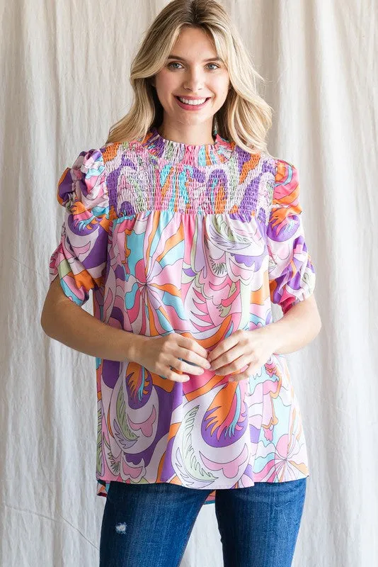 PRINT SMOKED YOKE TOP - PINK