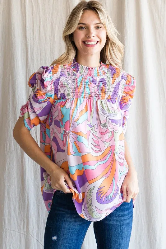 PRINT SMOKED YOKE TOP - PINK