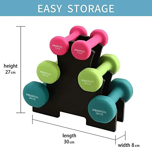 PROIRON Neoprene Dumbbell with Rack Set 1kg/2kg/3kg - Home Exercise for Ladies Kids Arm Hand Weights Pilates Dumbbells