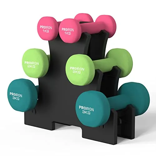 PROIRON Neoprene Dumbbell with Rack Set 1kg/2kg/3kg - Home Exercise for Ladies Kids Arm Hand Weights Pilates Dumbbells