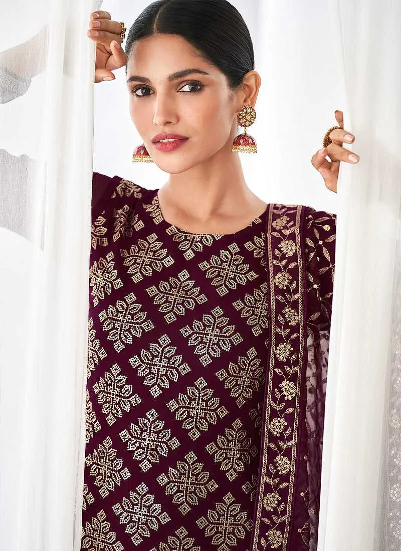 Purple and Gold Embroidered Straight Pant Style Suit