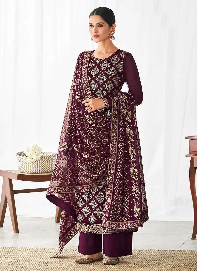 Purple and Gold Embroidered Straight Pant Style Suit