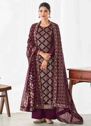 Purple and Gold Embroidered Straight Pant Style Suit