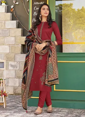 Red Violet Embroidered Straight Pant Style Suit