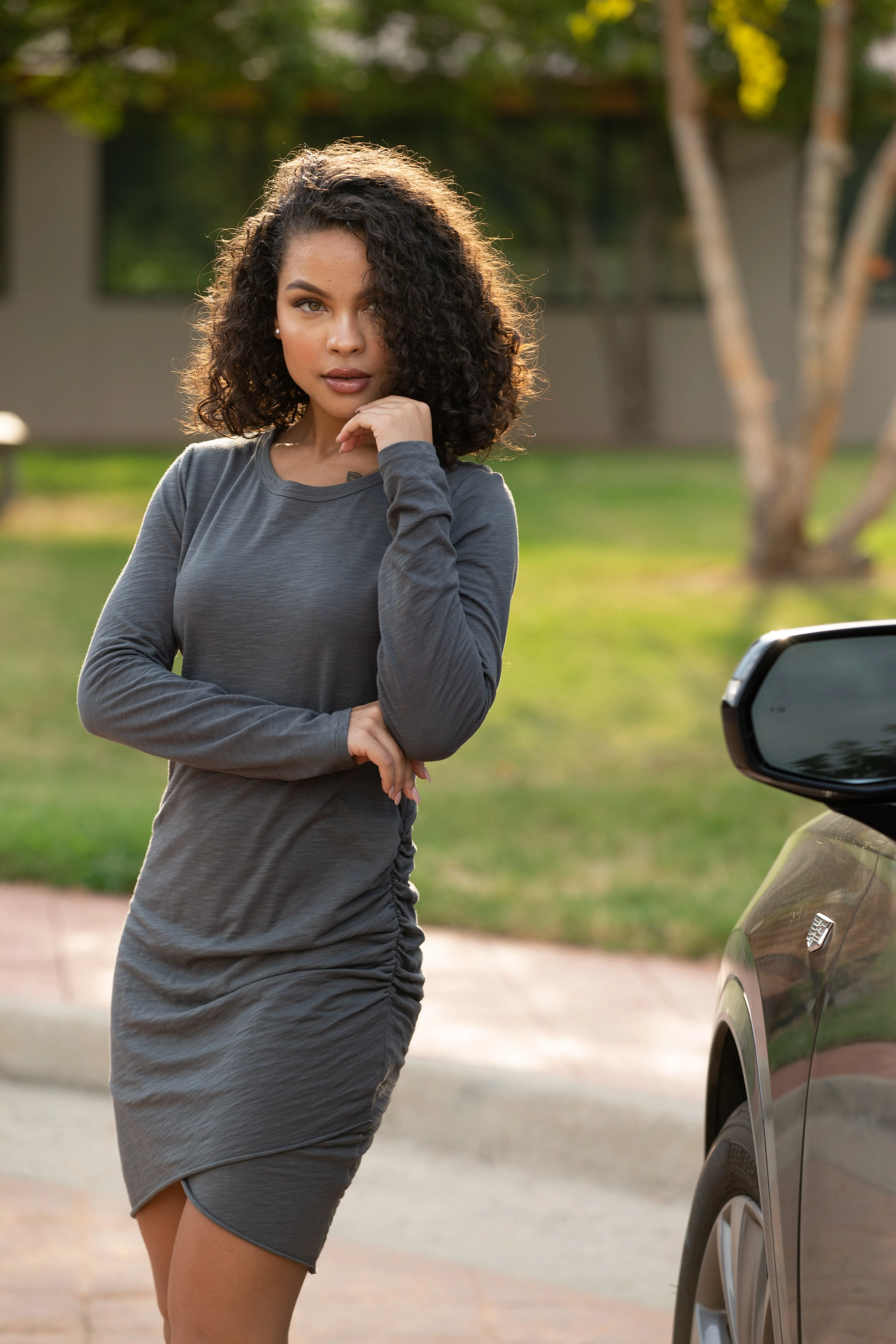 RUCHED LONG SLEEVE DRESS (Dark Gray)