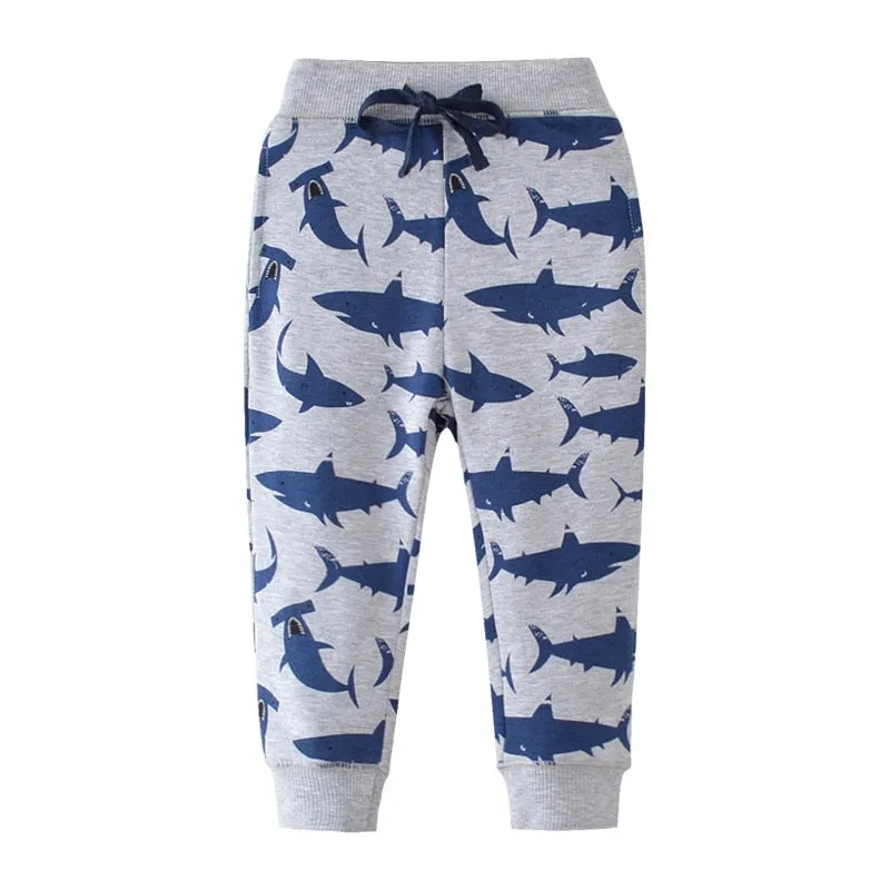 Sharks & Tigers Print Casual Warm Sports Pants - Green, Grey