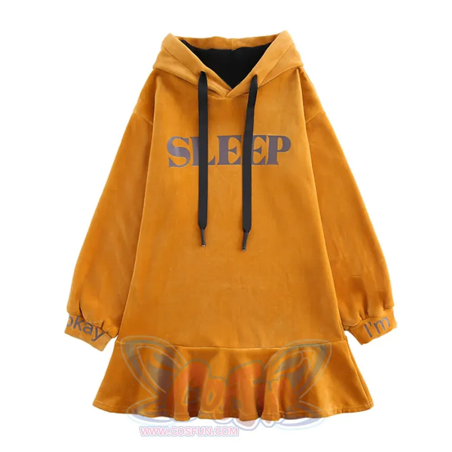 SLEEP Letter Print Velvet Ruffle Hooded Dress