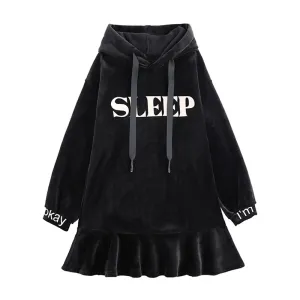 SLEEP Letter Print Velvet Ruffle Hooded Dress