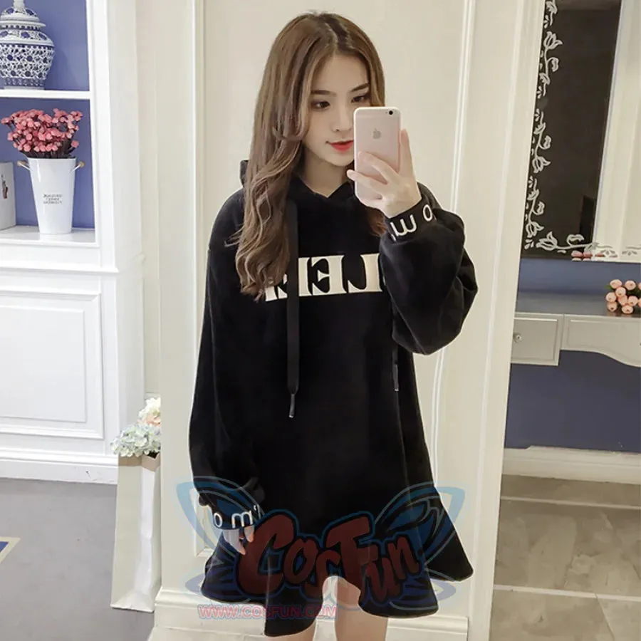 SLEEP Letter Print Velvet Ruffle Hooded Dress