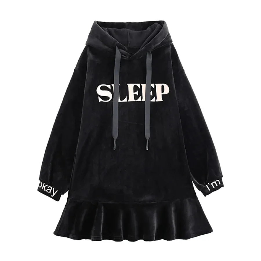 SLEEP Letter Print Velvet Ruffle Hooded Dress