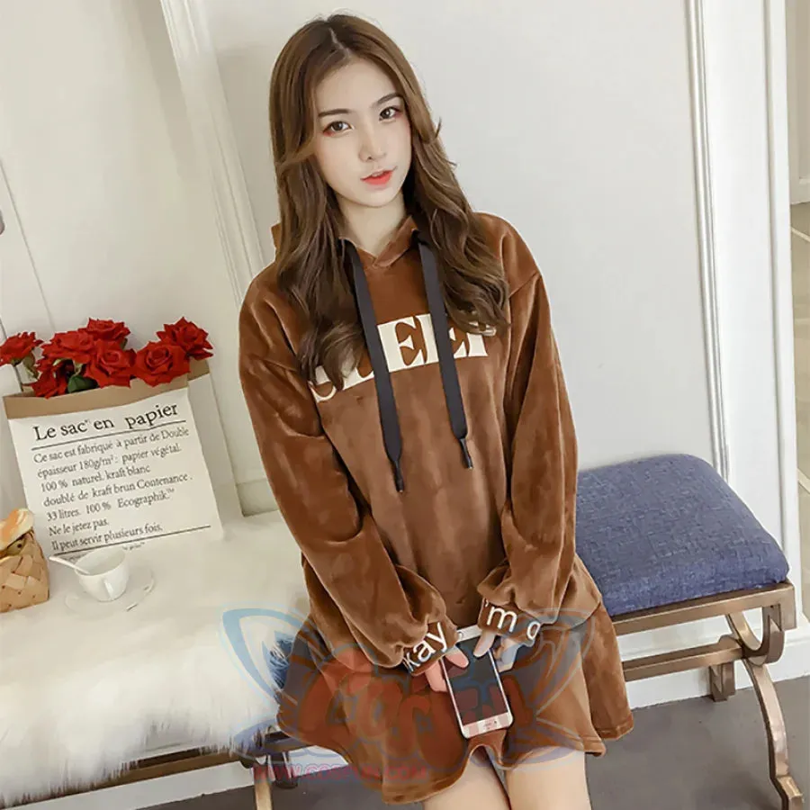 SLEEP Letter Print Velvet Ruffle Hooded Dress