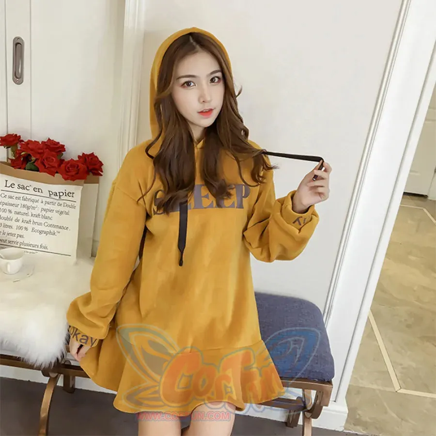 SLEEP Letter Print Velvet Ruffle Hooded Dress