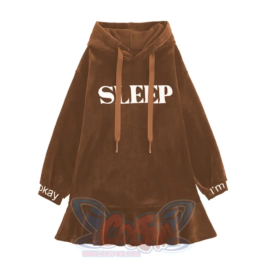 SLEEP Letter Print Velvet Ruffle Hooded Dress