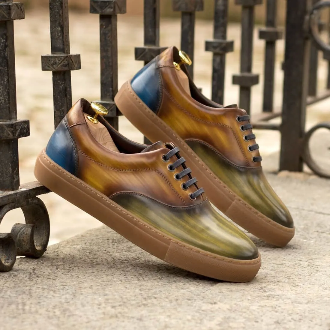 Sneakers Spinner en cuir patiné tri color - Semelles Caramel