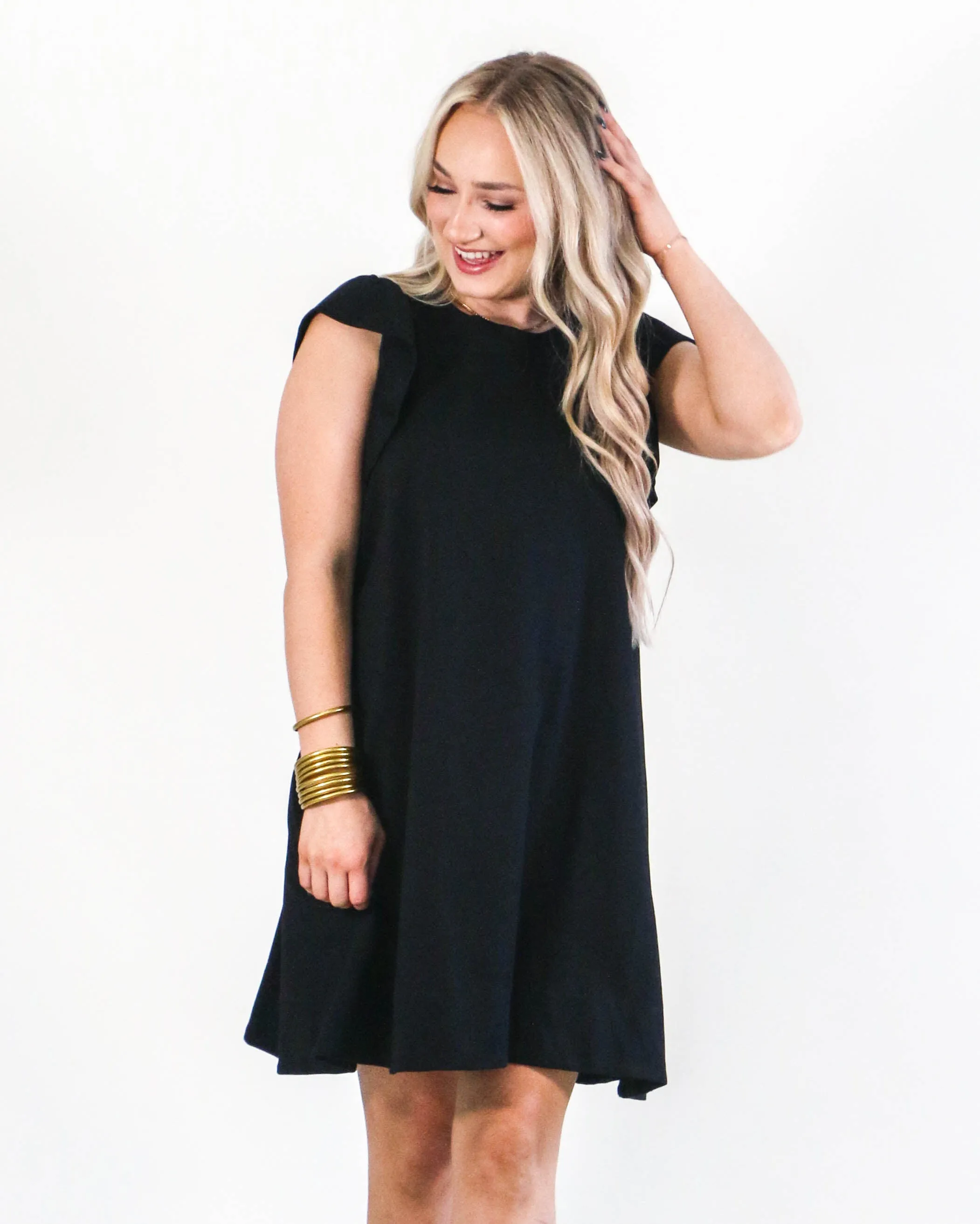 Solid Round Neck Ruffle Sleeve Mini Dress with Tie in Black